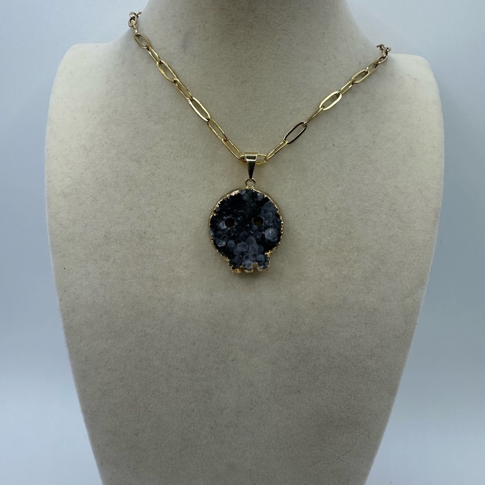 Druzy Amethyst Skull Pendant with Gold Plated Siding on Stainless Steel Chain - Picture 6 of 9